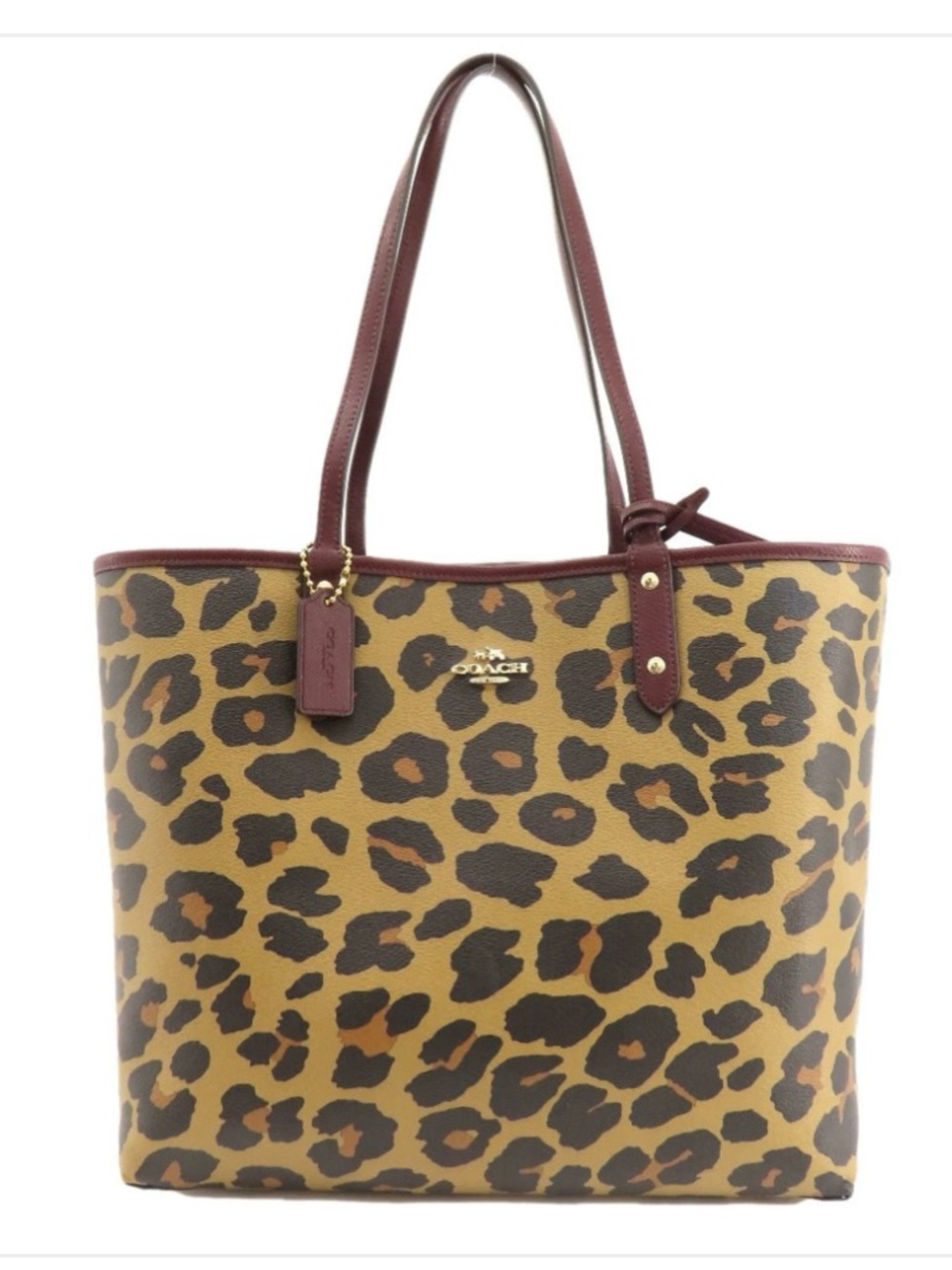 Coach Leopard Print Tote in Tan, Brown and Burgundy Trim